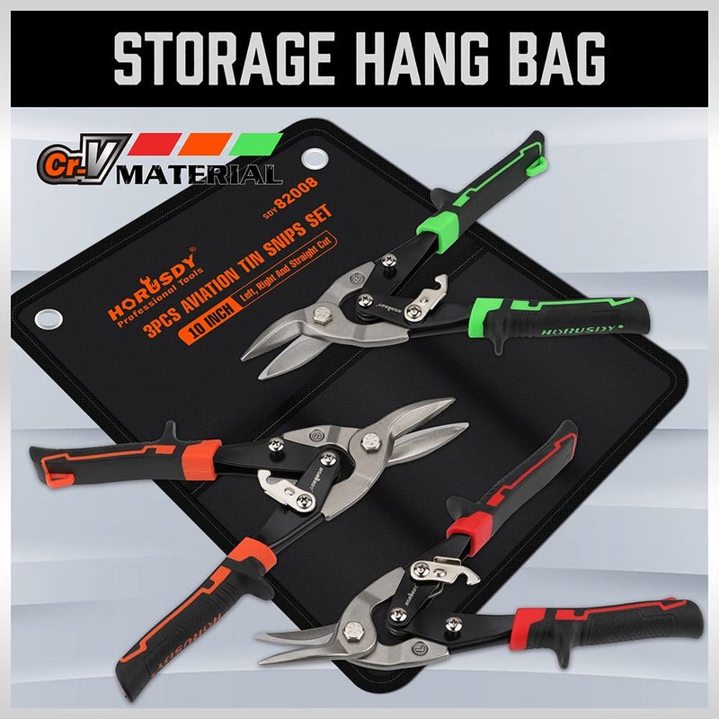 HORUSDY 3 Pack Aviation Tin Snips Set  10 Inch Metal Straight Cut  Left Cut  Right Cut for Cut Sheet Metal  Chrome Vanadium Steel - Image 2